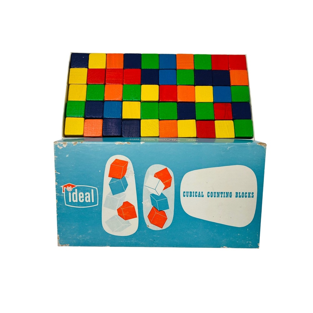 Ideal Cubical Counting Blocks 100 1" Cubes Vtg Wood Math Sensory STEM Primary